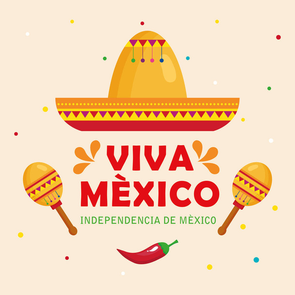 viva meksyk, szczęśliwy dzień niepodległości, 16 września z kapeluszem, marakasy i papryka chili - Wektor, obraz