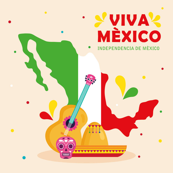 viva mexico, feliz dia da independência, 16 de setembro com mapa e decoração de ícones tradicionais - Vetor, Imagem