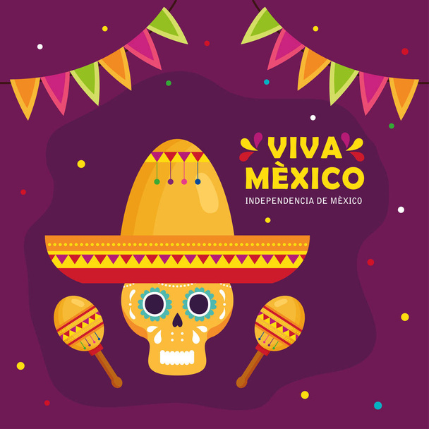 viva mexico, feliz día de la independencia, 16 de septiembre y cráneo con sombrero, maracas y guirnaldas colgando - Vector, Imagen