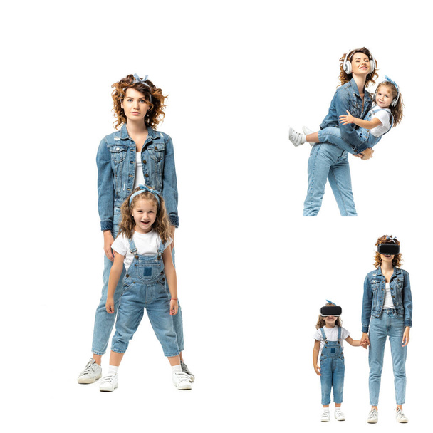 collage of mother and daughter in denim outfits spending time together isolated on white - Foto, Bild