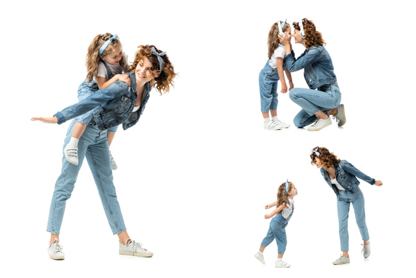 collage de madre e hija en trajes de mezclilla pasar tiempo aislado en blanco - Foto, imagen