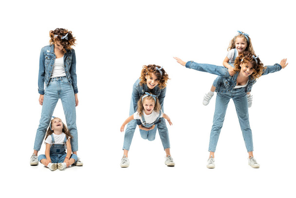 collage of mother and daughter in denim outfits spending time isolated on white - Fotoğraf, Görsel