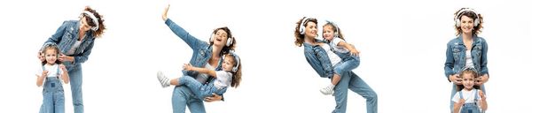 collage van moeder en dochter luisteren muziek in koptelefoon geïsoleerd op wit, panoramisch schot - Foto, afbeelding
