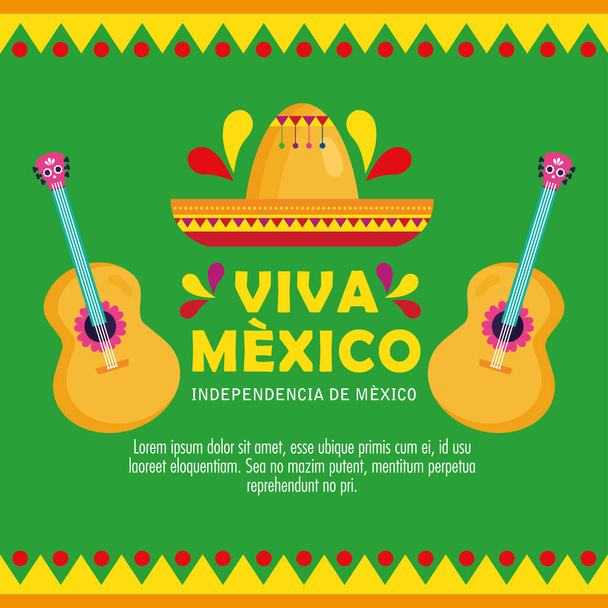 viva meksyk, szczęśliwy dzień niepodległości, 16 września z kapeluszem i gitary - Wektor, obraz