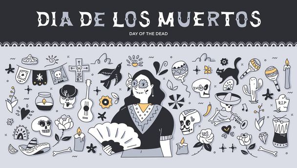Dia de Los Muertos πανό διακοπών. Doodles που με Μεξικάνικη Ημέρα των νεκρών διακοπών με θέμα τα σύμβολα και τα στοιχεία - Διάνυσμα, εικόνα