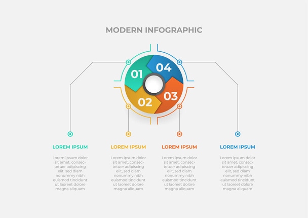 Modern daire şeması 4 adımlı bilgi şablonu. Sunum için vektör iş şablonu. Infographic için yaratıcı bir kavram. Broşür, iş akışı, yıllık rapor, grafik, düzen için elverişli - Vektör, Görsel