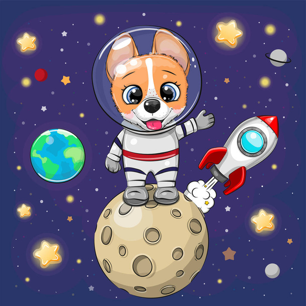 Cute Cartoon Corgi astronauta na księżycu na tle przestrzeni - Wektor, obraz