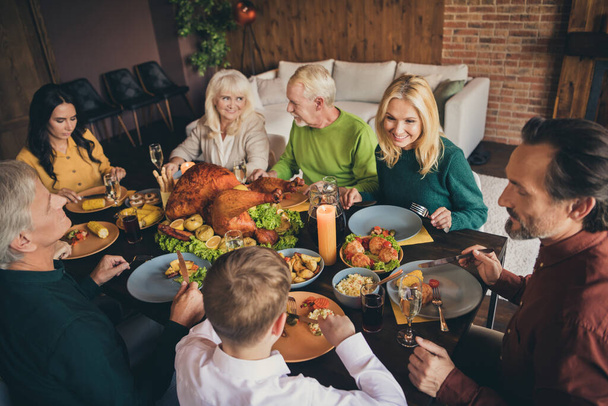 Portrait of nice attractive foster adopted cheerful family meeting eating festal luncheon autumn fall season harvest meal dish turkey celebration at modern loft brick industrial interior - Foto, immagini