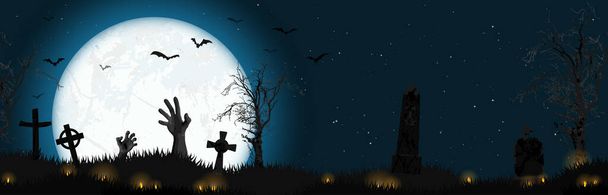 EPS 10 vector illustration with undead hands in front of full moon with scary illustrated elements for Halloween background layouts - Vector, Image