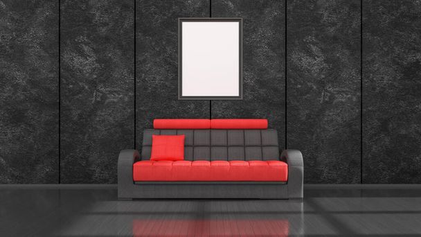 black interior with modern black and red sofa and frames for mockup, 3d illustration - Foto, afbeelding