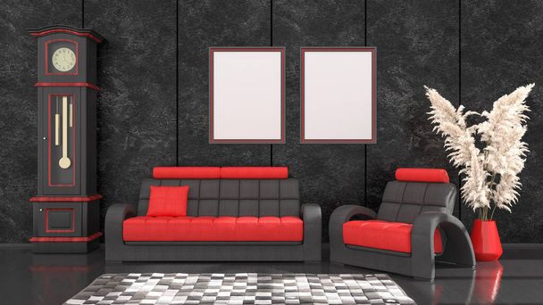 black interior with modern black and red sofa and frames for mockup, 3d illustration - Fotoğraf, Görsel