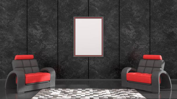 black interior with black and red frames and an armchair for mockup, 3d illustration - Fotoğraf, Görsel