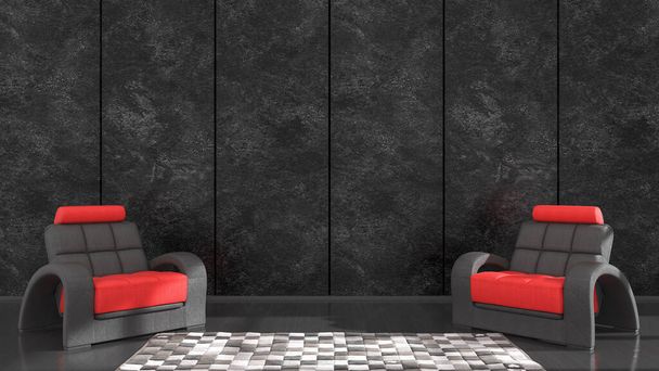 black interior with black and red armchair for mockup, 3d illustration - Fotó, kép