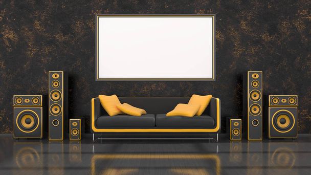 black interior with modern design black and yellow speaker system, sofa and frame for mockup, 3d illustration - Fotografie, Obrázek
