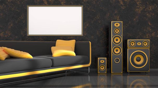 black interior with modern design black and yellow sofa, speaker system and frame for mockup, 3d illustration - Φωτογραφία, εικόνα