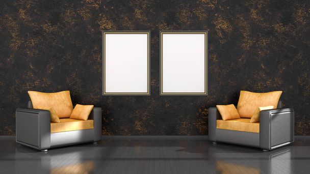 black interior with black and yellow frames and an armchair for mockup, 3d illustration - Foto, Bild
