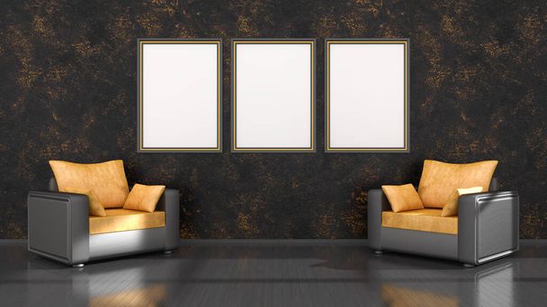 black interior with black and yellow frames and an armchair for mockup, 3d illustration - Foto, imagen