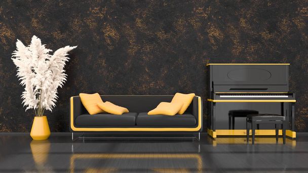 black interior with a black and yellow grand piano and a sofa, 3d illustration - Photo, Image