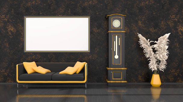 black interior with modern black and yellow sofa, clock and frames for mockup, 3d illustration - Foto, Imagen