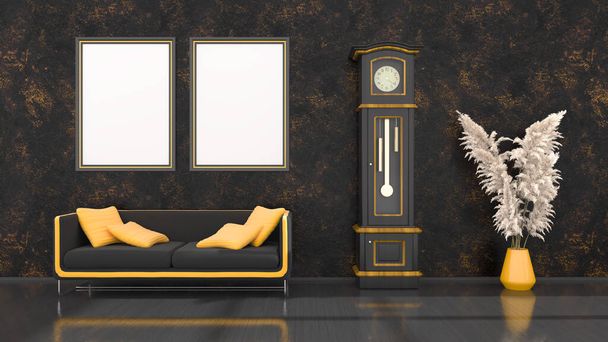 black interior with modern black and yellow sofa, clock and frames for mockup, 3d illustration - Фото, изображение