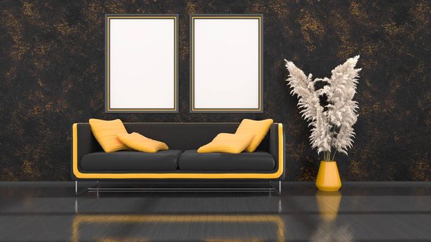 black interior with modern black and yellow sofa and frames for mockup, 3d illustration - Φωτογραφία, εικόνα