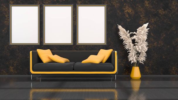 black interior with modern black and yellow sofa and frames for mockup, 3d illustration - 写真・画像