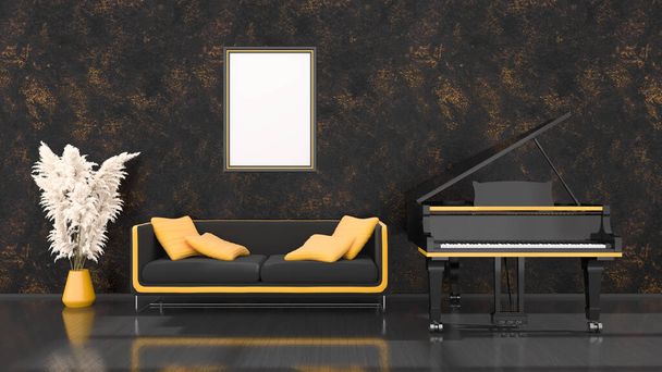 black interior with black and yellow grand piano, sofa and frame for mockup, 3d illustration - Φωτογραφία, εικόνα