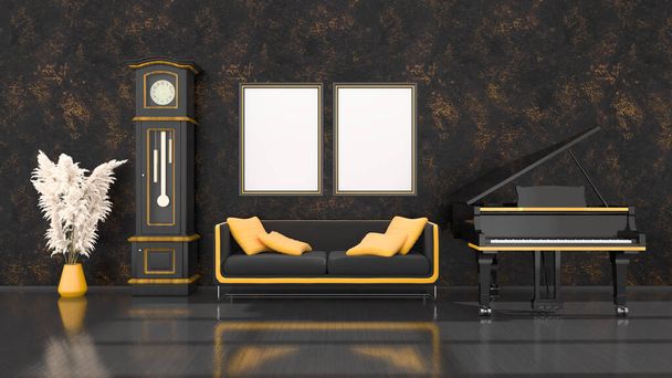 interno nero con pianoforte a coda nero e giallo, orologio vintage e cornice per mockup, illustrazione 3d - Foto, immagini