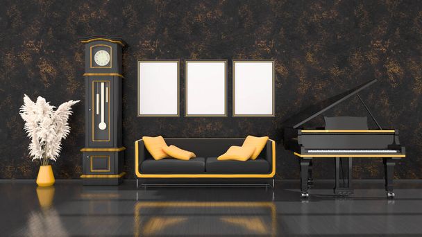 black interior with black and yellow grand piano, vintage clock and frame for mockup, 3d illustration - Fotografie, Obrázek