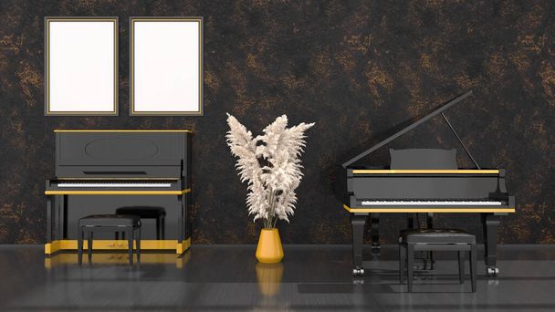 black interior with black and yellow piano, grand piano and frame for mockup, 3d illustration - Foto, immagini