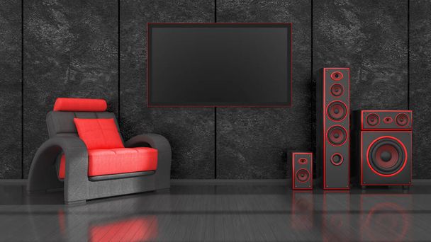 black interior with modern design black and red speaker system and TV, 3d illustration - Zdjęcie, obraz
