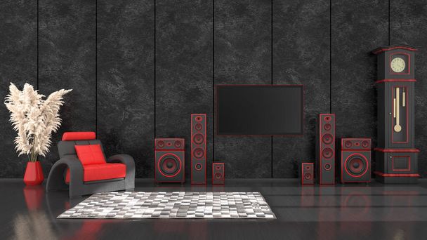 black interior with modern design black and red speaker system and TV, 3d illustration - Φωτογραφία, εικόνα