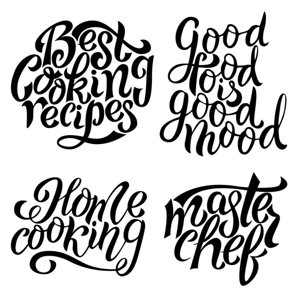 Handwritten black outline retro vector illustrations: home cooking,master chef, best cooking recipes. Positive inspiratioanal lettering set in a cooking theme for graphic design, typography, wall art, restaurant business, T-shirt design - Vector, Image