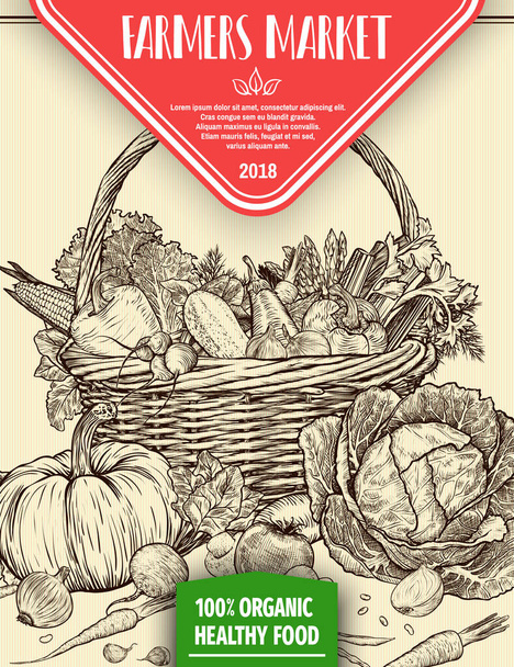 Hand drawn fresh vegetables in wicker basket. Template for your design works. Engraved style vector illustration. - Vector, Image