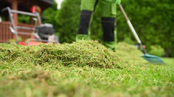 Close View Of Small Pile Of Свежеиспещренных Grass Clippings. Садовый работник сгребает траву и убирает лужайку.  - Кадры, видео