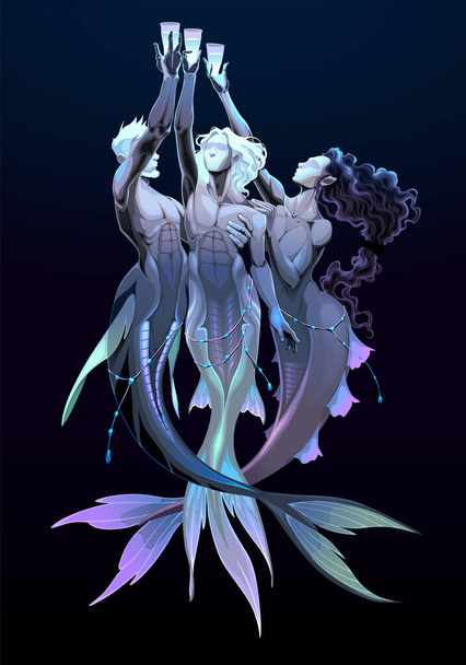 Drei Tassen, Tarotkarte. Gruppe von Meerjungfrauen. Illustration von Vektorfantasien - Vektor, Bild