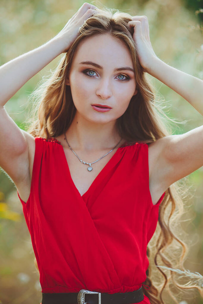 Portrait of a young beautiful girl in a red dress on the summer field outdoors - Photo, Image