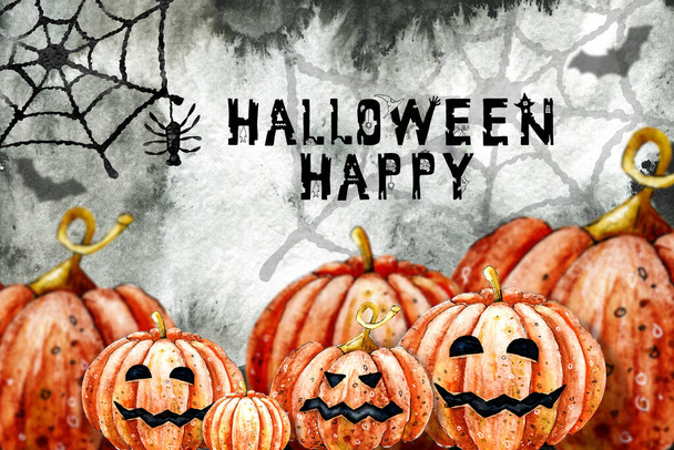 Ночь, сумерки, паутина и паук на Хэллоуин. Черный фон с акварелью. Дизайн праздничных продуктов, открыток, шаблонов, заставки. Концепция страха и ужаса - Фото, изображение