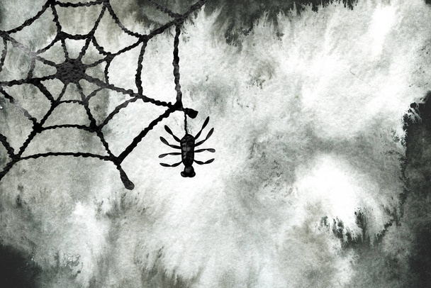 Night, twilight, cobweb and spider for Halloween. Hand drawn watercolor black background. Design of festive products, postcards, templates, screensavers. Fear and horror concept - 写真・画像