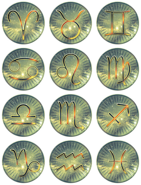 Zodiac signs. Set round zodiac icons. Zodiac signs on the background of the starry sky. - Photo, Image