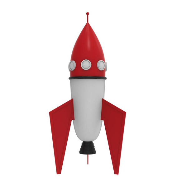 Navire spatial fusée isolé sur fond blanc. Une fusée à dessin animé. Une fusée qui vole dans l'espace. Aéronefs extraterrestres vaisseau spatial. Illustration 3d. - Photo, image