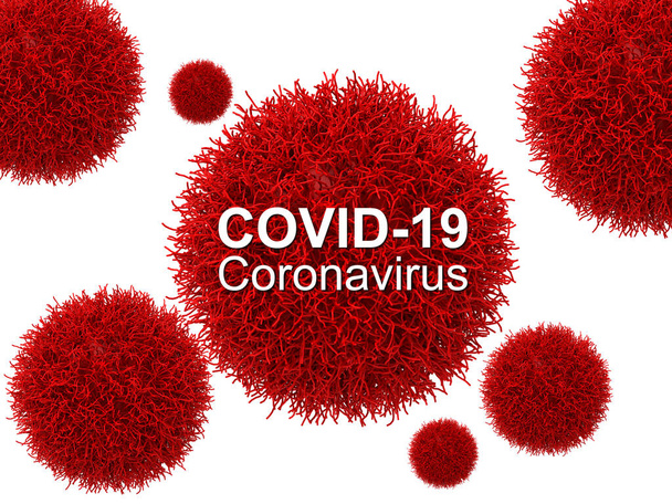 碑文COVID-19と白の背景に抽象的な微生物.3Dイラスト. - 写真・画像