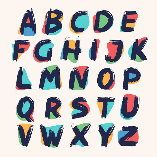 Kid style alphabet handwritten with dry brush and watercolor spots. Perfect for cartoon ads, festal poster, cute identity, etc. - ベクター画像