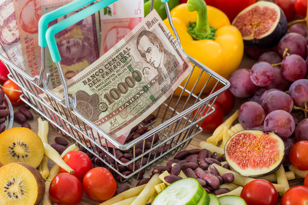 Cesta de compras com dinheiro paraguaio, em torno de produtos alimentares, legumes e frutas. O conceito de inflação, aumento dos preços e alimentos mais caros - Foto, Imagem