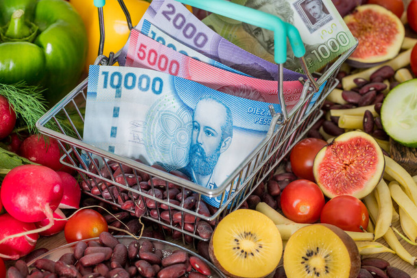 Bevásárlókosár Chiléből származó pénzzel, élelmiszeripari termékek, zöldségek és gyümölcsök körül. Az infláció, az emelkedő árak és a drágább élelmiszerek fogalma - Fotó, kép