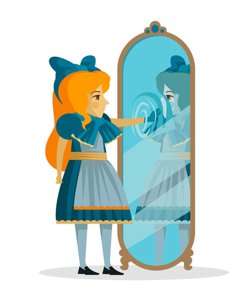 niedliches Märchenmädchen durch den Spiegel - Vektor, Bild