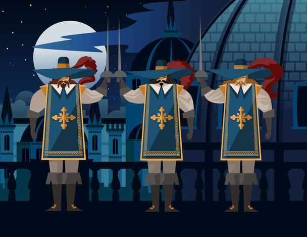 three sword wearing musketeers with hats - Vector, Image