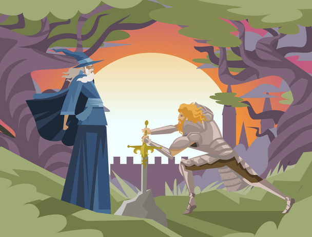 Rei Arthur com excalibur na rocha e merlin conto feiticeiro - Vetor, Imagem