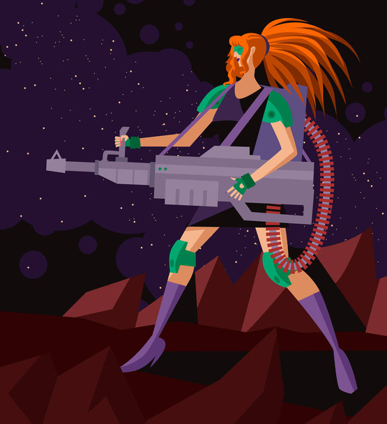mujer espacial estrella marina con arma de asalto - Vector, imagen