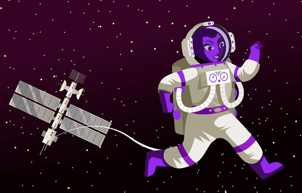 astronauta galleggiante intorno alla stazione spaziale - Vettoriali, immagini